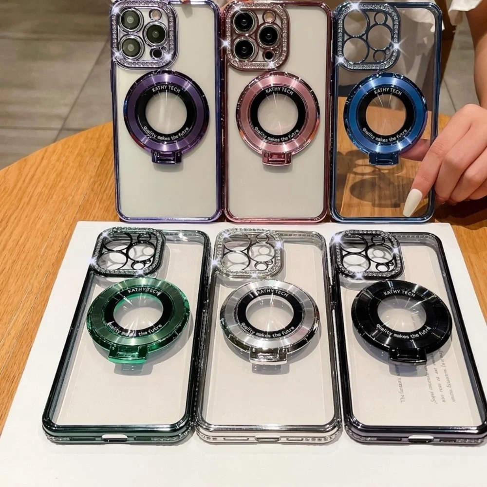 CLEAR SILVER RHINESTONE BLING IPHONE 15PRO PHONECASE WITH KICKSTAND